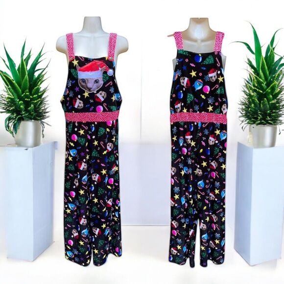 Christmas Cat Overalls Velour cozy Stretch Jumpsuit Size M Cozy Holiday ASO Gwen - Picture 1 of 14
